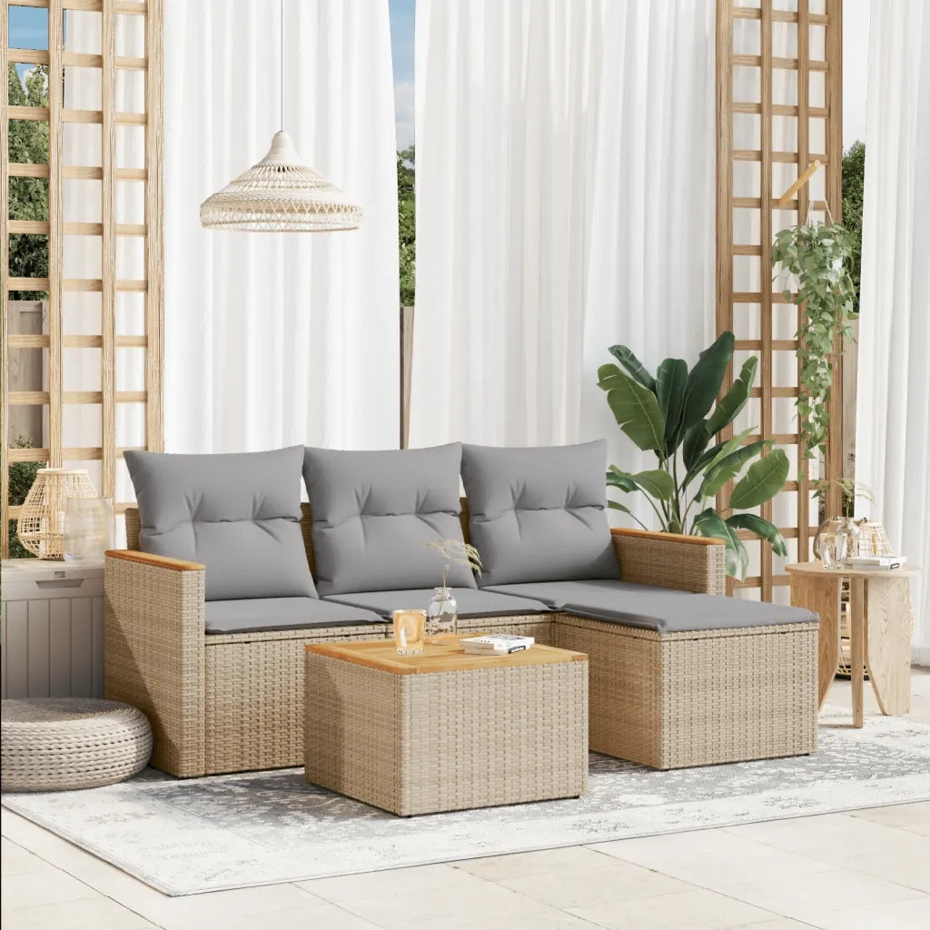 Set Divano da Giardino 5 pz con Cuscini Beige Misto Polyrattan