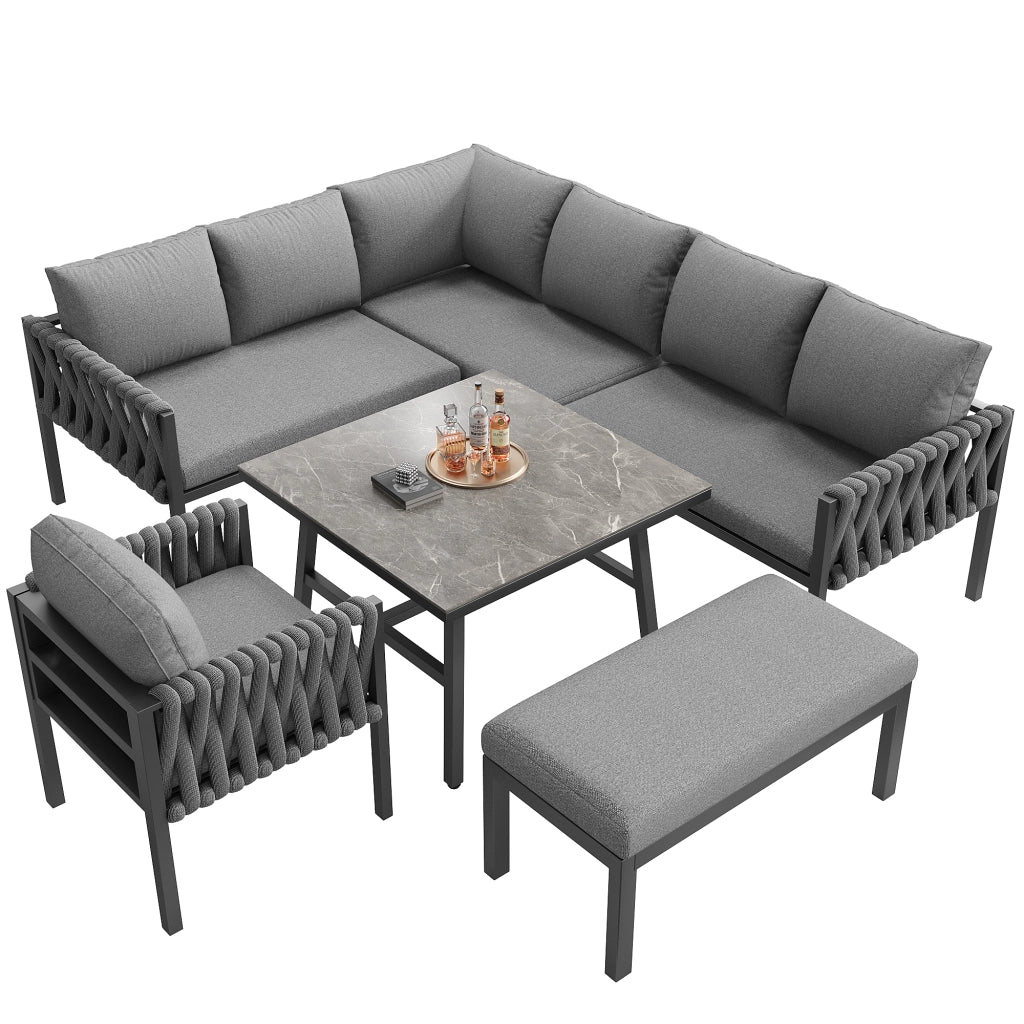 OKWISH Set da 5 mobili da giardino con divano angolare, poltrona, panca e tavolo, Metallo e Poliestere Grigio