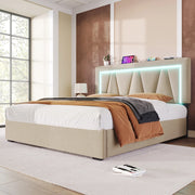 LETTO imbottito LED 140x200 cm in lino beige con USB e Type C