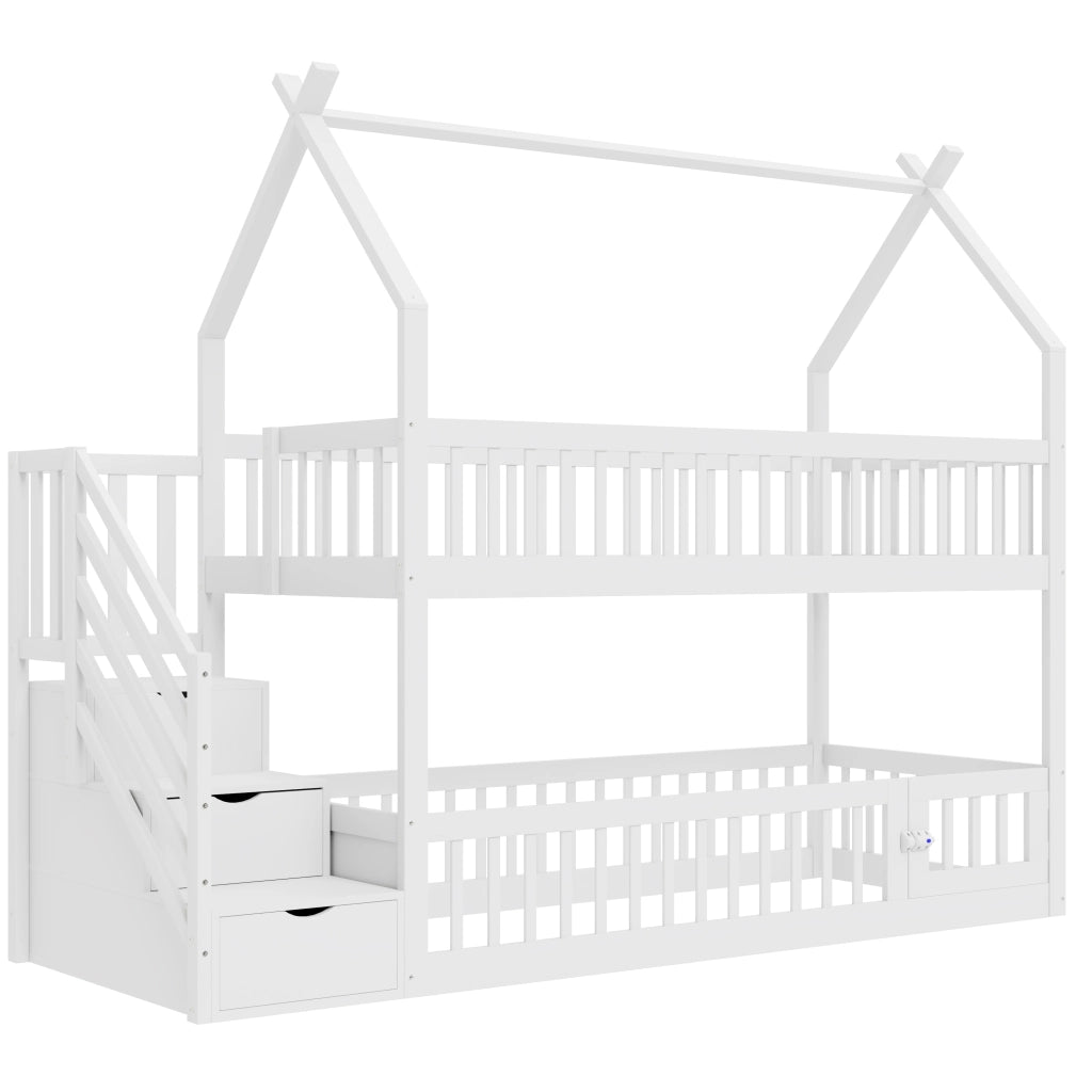 Letto a castello per bambini 90×200 cm con tetto; scala e cassetti contenitori; senza materasso; in legno massiccio bianco