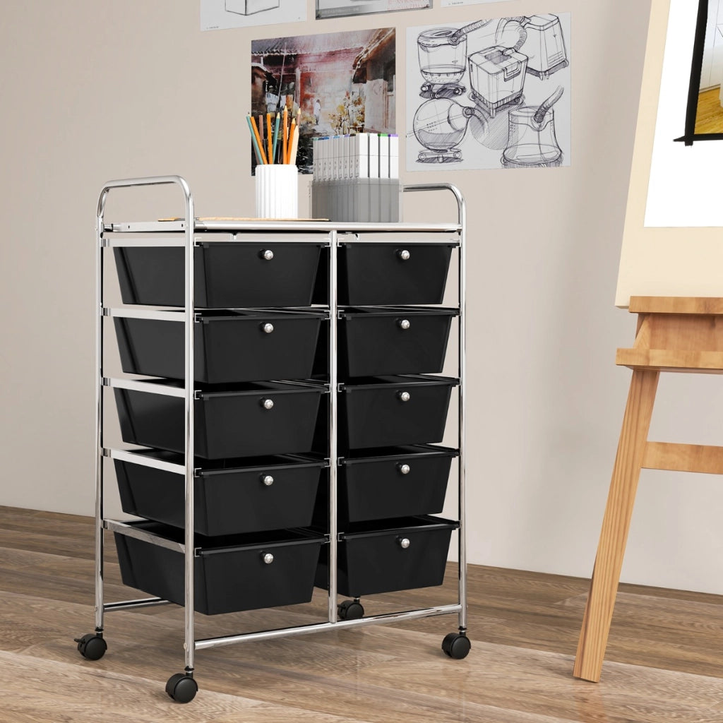 Carrello a 10 cassetti multiuso con ruote, Organizzatore per carta da scrapbooking e utensili da ufficio Nero