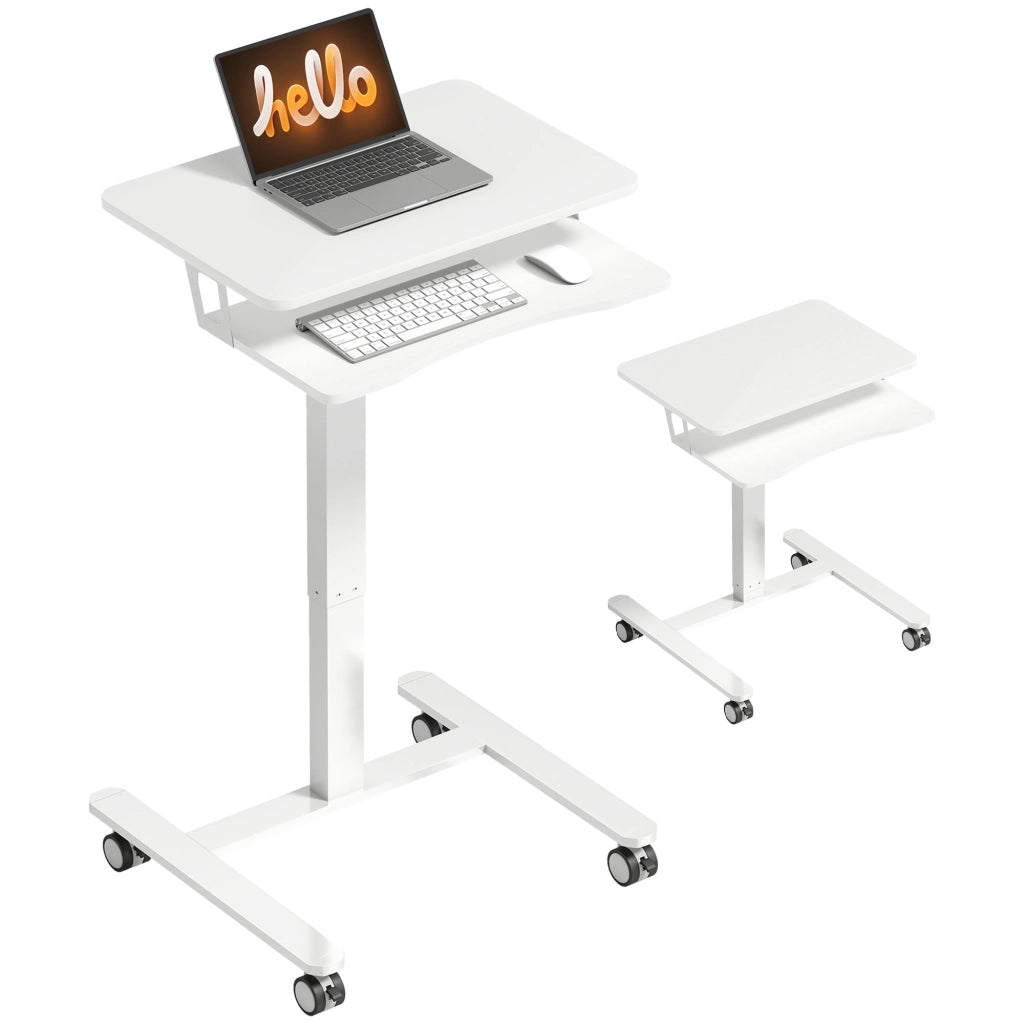 Scrivania Regolabile in Altezza con Ruote ¨C Xylo ¨C Bianco con Ripiano Tastiera e Telaio Metallo