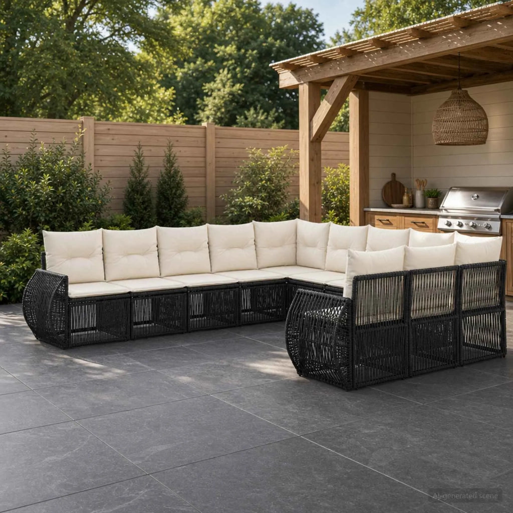 Set Divano da Giardino 11 pz Nero e Bianco Crema polyrattan 3435556