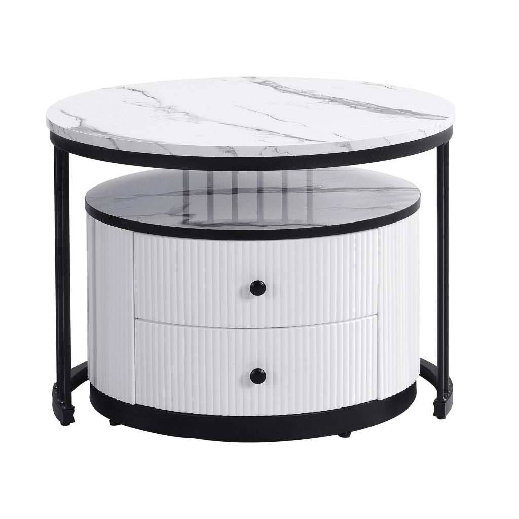Set di 2 tavolini da salotto rotondi bianchi e neri con effetto marmo lucido, 60x60x45,5 cm e 50x50x32 cm, 2 cassetti, portata 30 kg