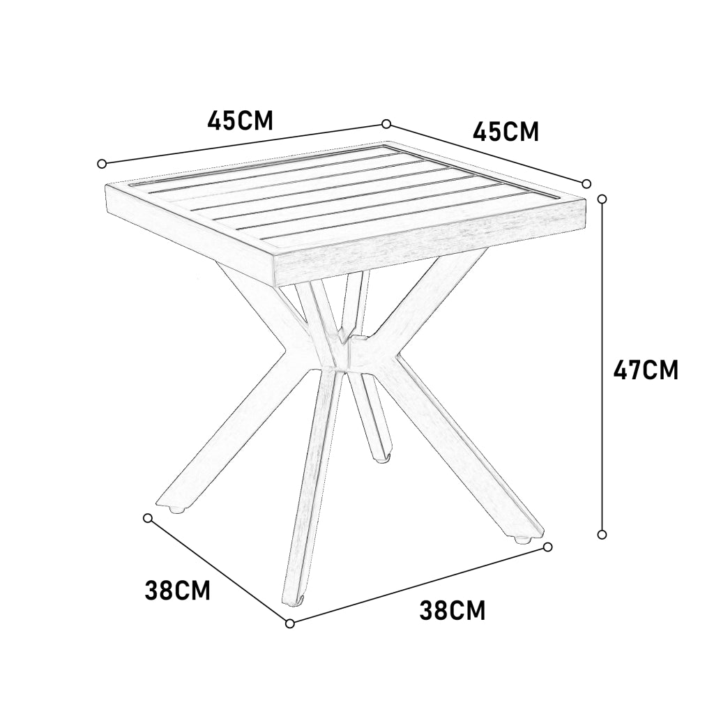 Tavolino da giardino quadrato con piano d'appoggio; facile da pulire; per patio e piscina; in alluminio; marrone scuro; 45×45×47 cm
