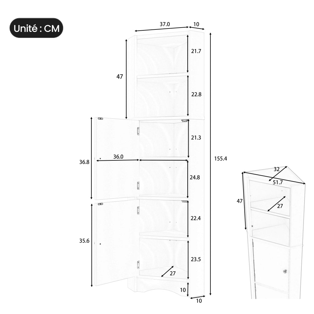 Mobile angolare da bagno con 2 ante, 2 vani aperti e ripiani regolabili, in MDF laccato, bianco, 51.7 × 32 × 155.4 cm