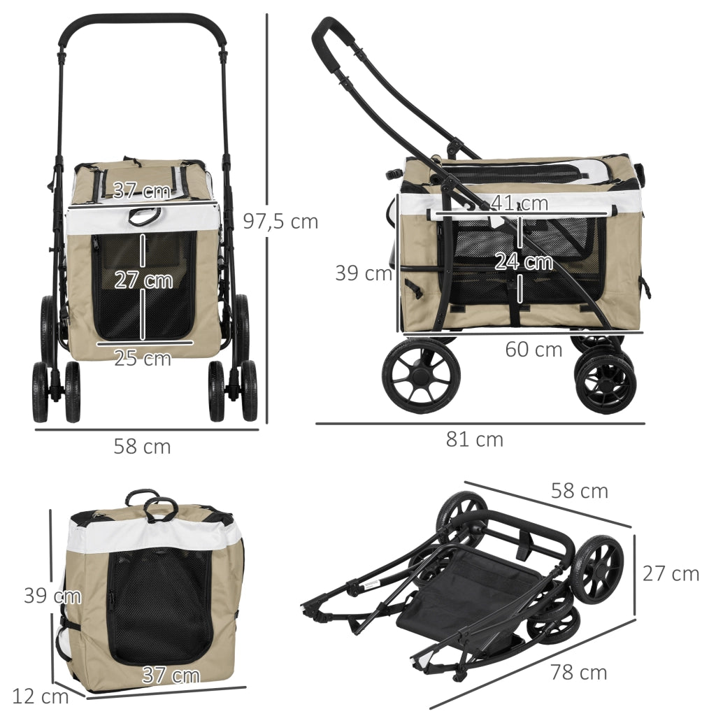 Carrello per cani pieghevole con cestino rimovibile ¨C zephmum ¨C Nero Khaki Bianco 81x58x97.5 cm
