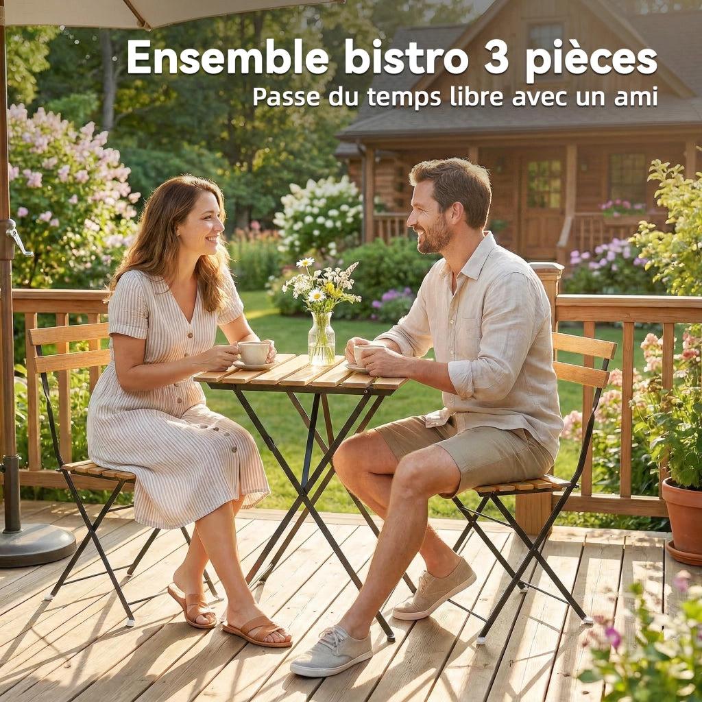Set Bistrot Giardino ¨C zephmum ¨C 2 Sedie Pieghevoli, Tavolo Quadrato in Legno di Acacia 55x55x71cm, Naturale