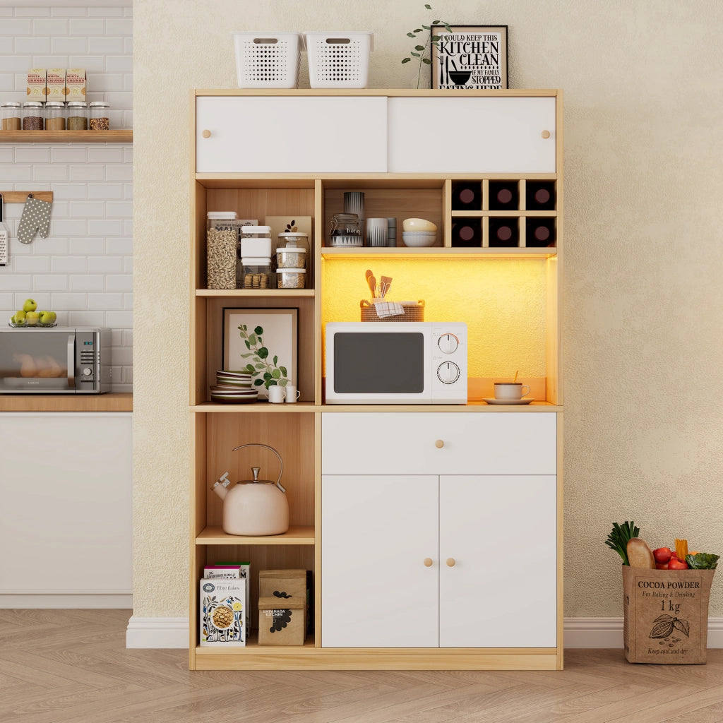 Credenza da Cucina Alta con 3 Ante; 1 Cassetto; Ripiani Aperti e LED per Cucina in Pannelli; Bianco Naturale 115x35x180 cm