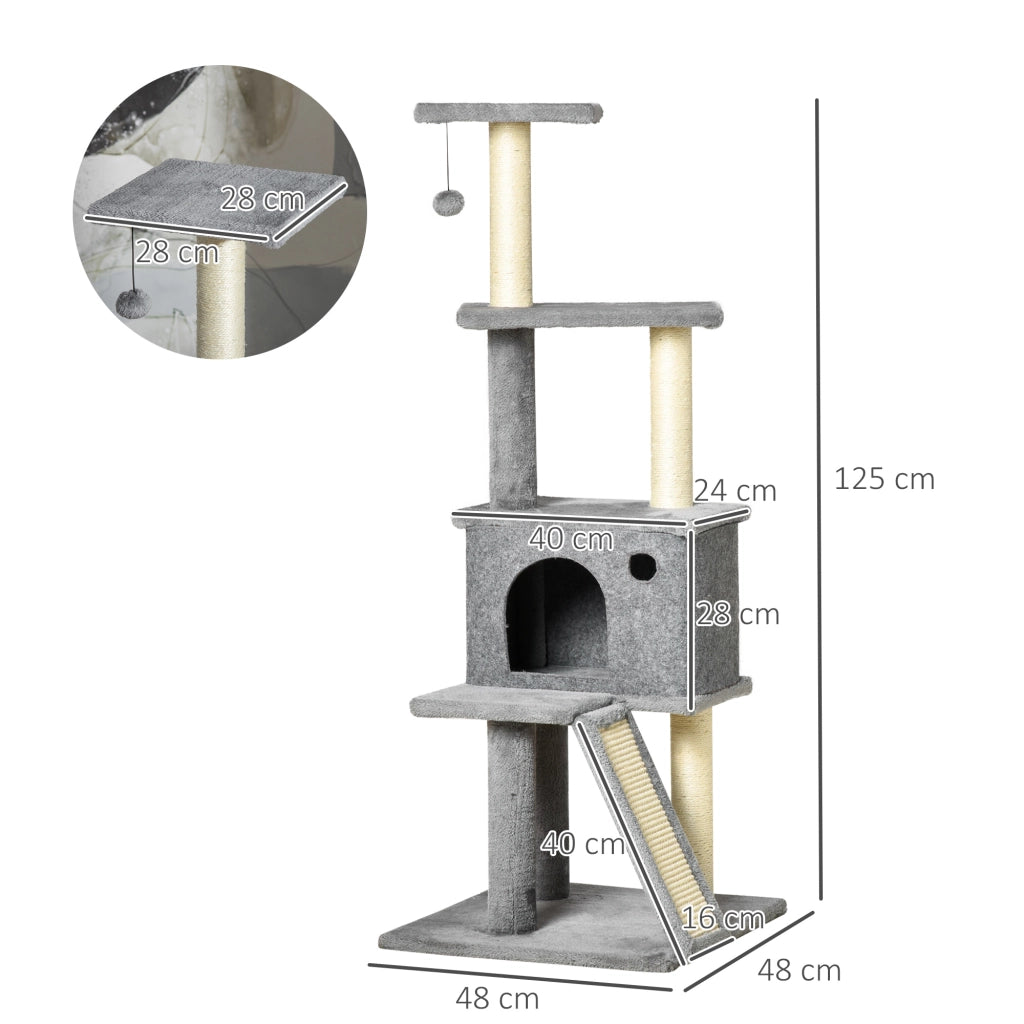 Albero Tiragraffi Multilivello con Casetta 48x48x125 cm Rivestimento in Peluche e Sisal Grigio