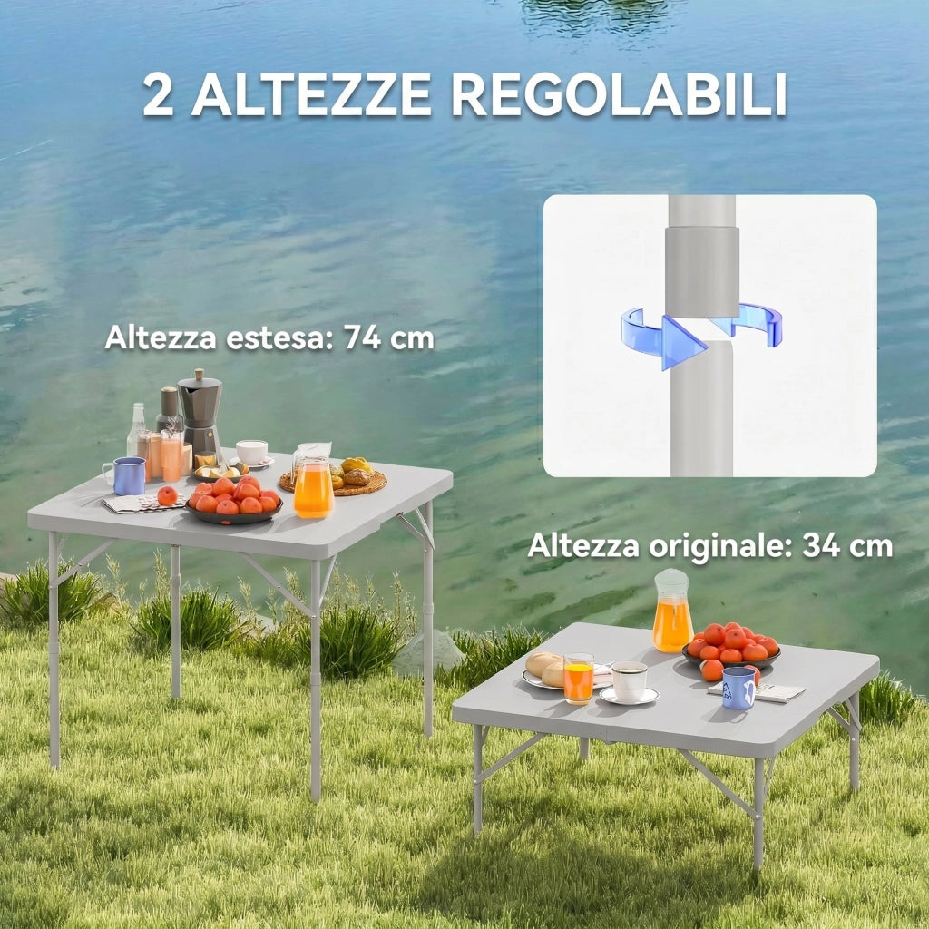 Tavolo da Campeggio Pieghevole ¨C Xylo ¨C Regolabile 2 Altezze HDPE Metallo 86x86x74cm Grigio Scuro