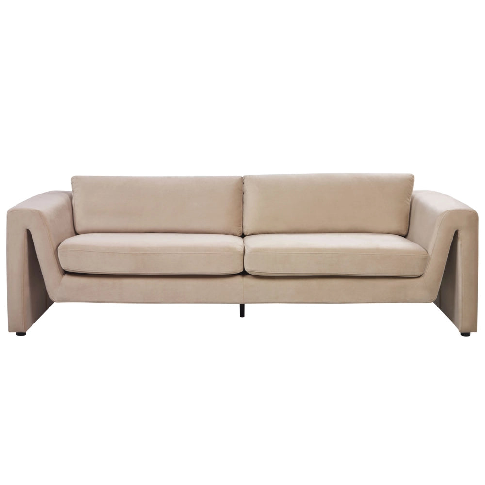 Divano a 3 posti imbottito in velluto beige con schienale imbottito e braccioli stile moderno