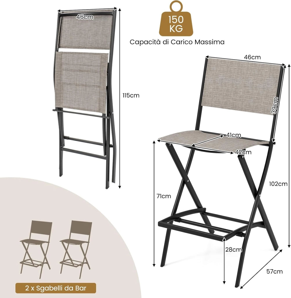 Set di Sgabelli da Bar 2 Pezzi, Sedie Alte e Pieghevoli con Telaio in Metallo e Poggiapiedi, Sedie da Bar per Balcone, Giardino e Piscina (Caffè)
