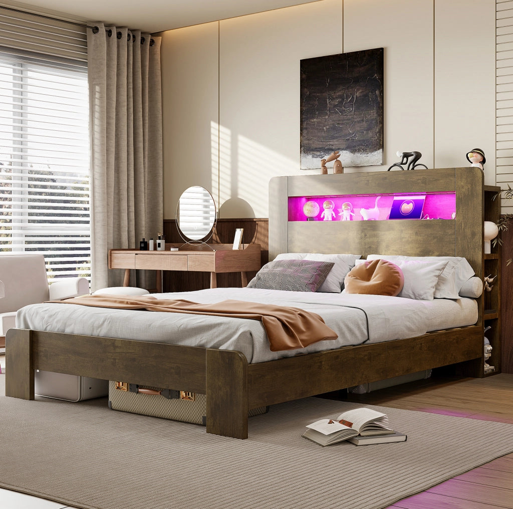 Letto matrimoniale 140x200 cm con contenitore, LED e prese integrate