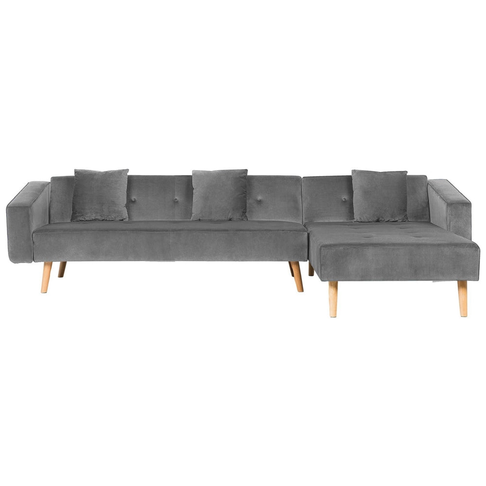 Divano letto ad angolo con 3 cuscini Rivestimento in velluto grigio Gambe in legno chiaro Chaise longue reclinabile sinistra a 4 posti