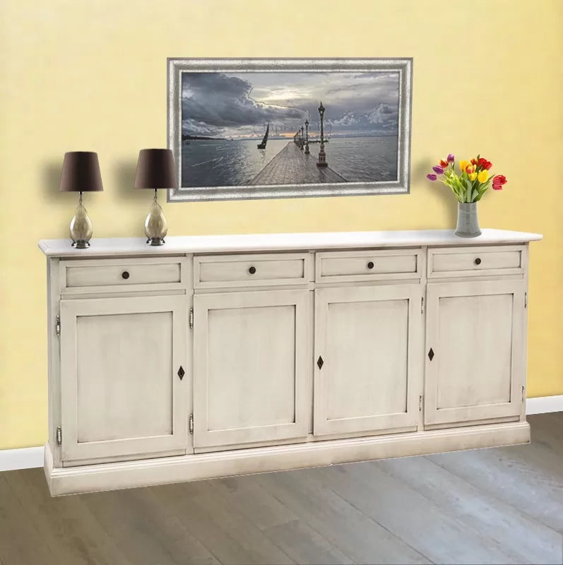 Madia shabby chic bianca in legno 4 porte, bianco invecchiato 205x42x85 - Mobili 2G