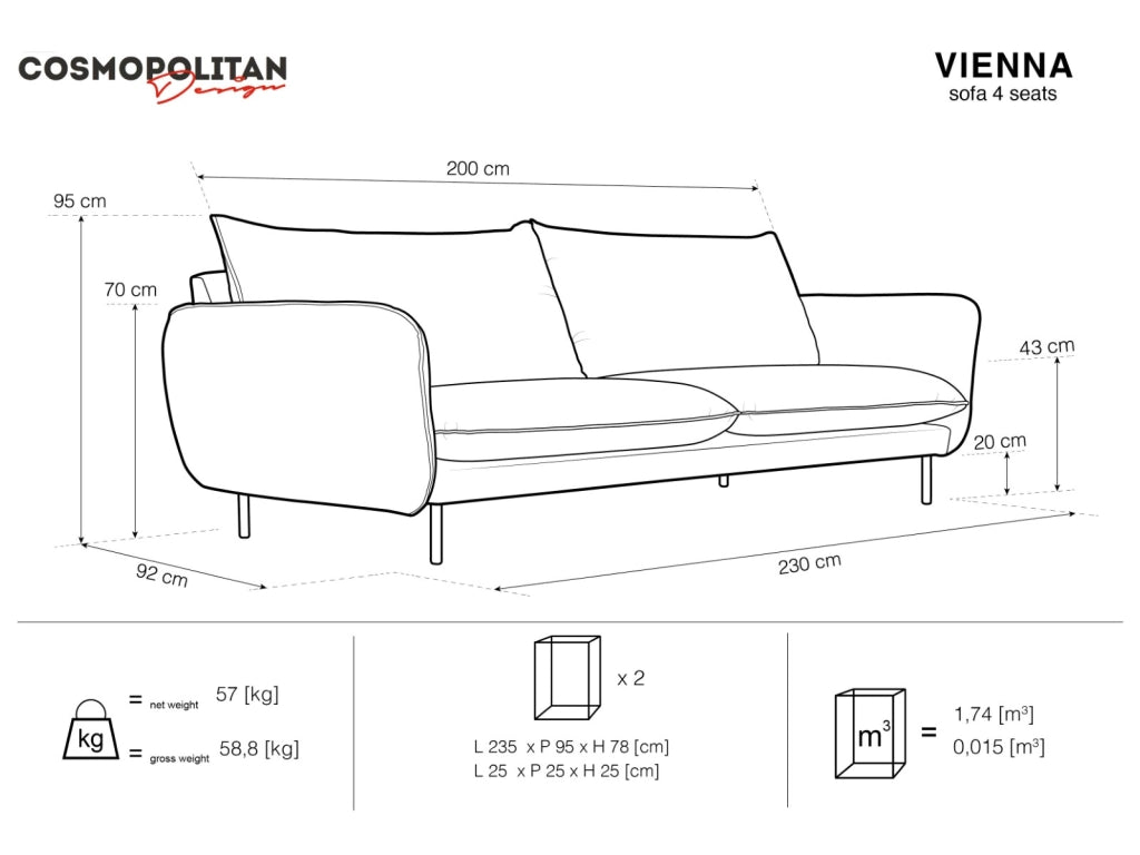 Cosmopolitan Design - Divano "Vienna" 4 posti in tessuto strutturato grigio scuro 