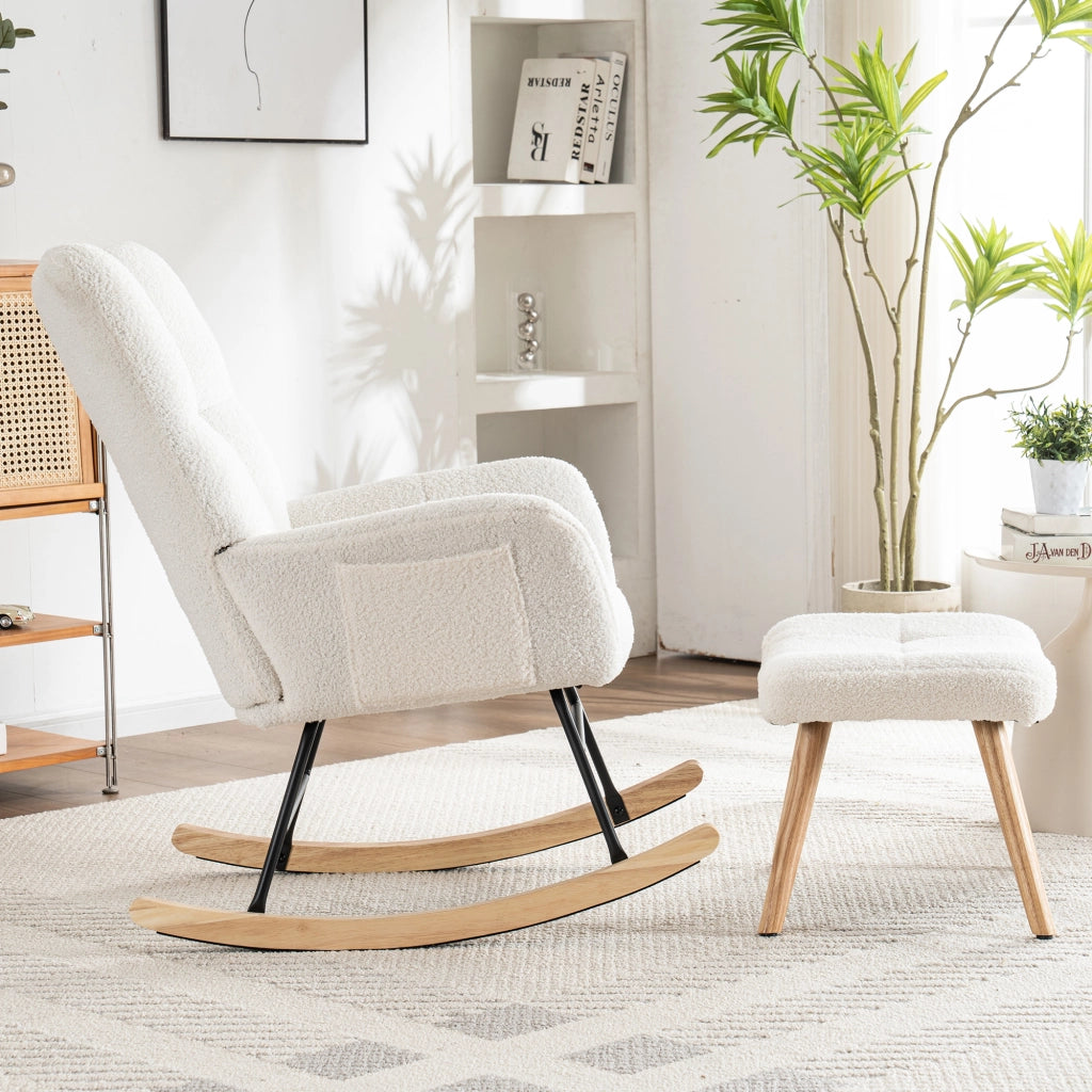 SEDIA A DONDOLO 92 cm Bianco Bouclé con pouf