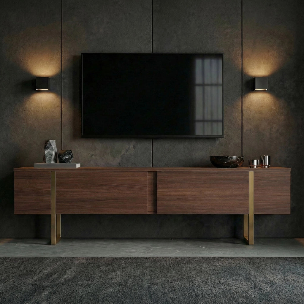 Porta TV in legno "Onera" - 180 x 30 x 50 cm - Noce / Oro