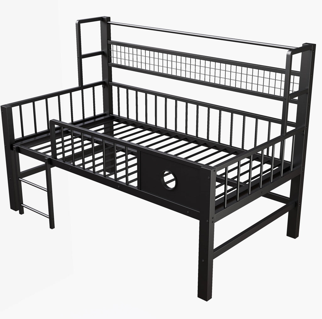 Letto a soppalco basso 90x200 cm in metallo nero con sponde di sicurezza e spazio contenitivo