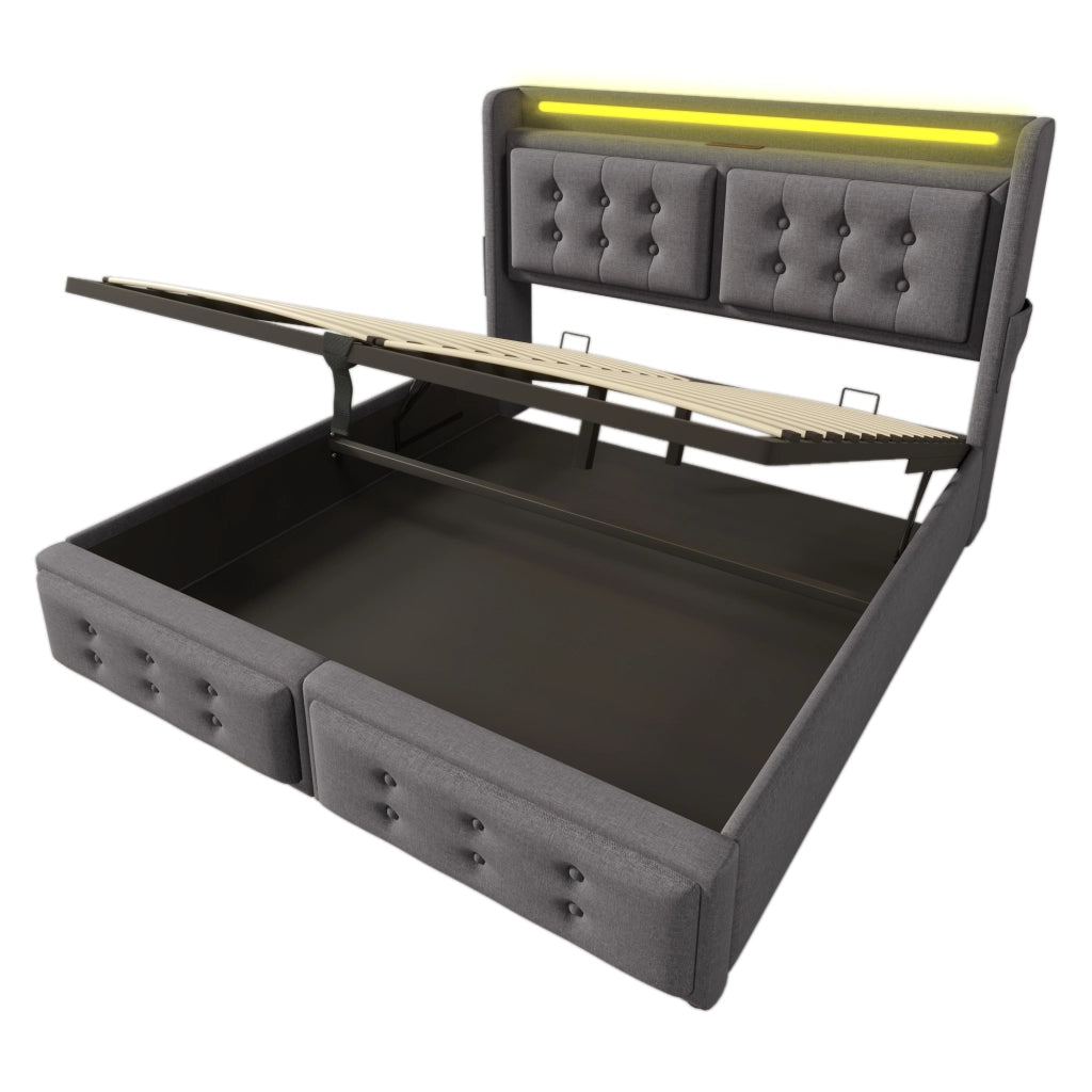 Letto Matrimoniale 180x200 Grigio con Contenitore Idraulico; LED; USB Type-C e 2 Prese