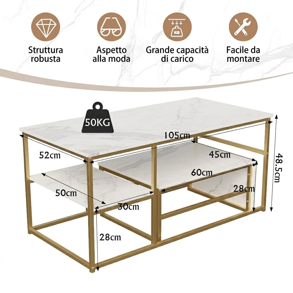 Tavolini da salotto set 2 pezzi 105x52x48,5 cm tavolino pieghevole sovrapponibile con contenitore effetto marmo metallo - nero