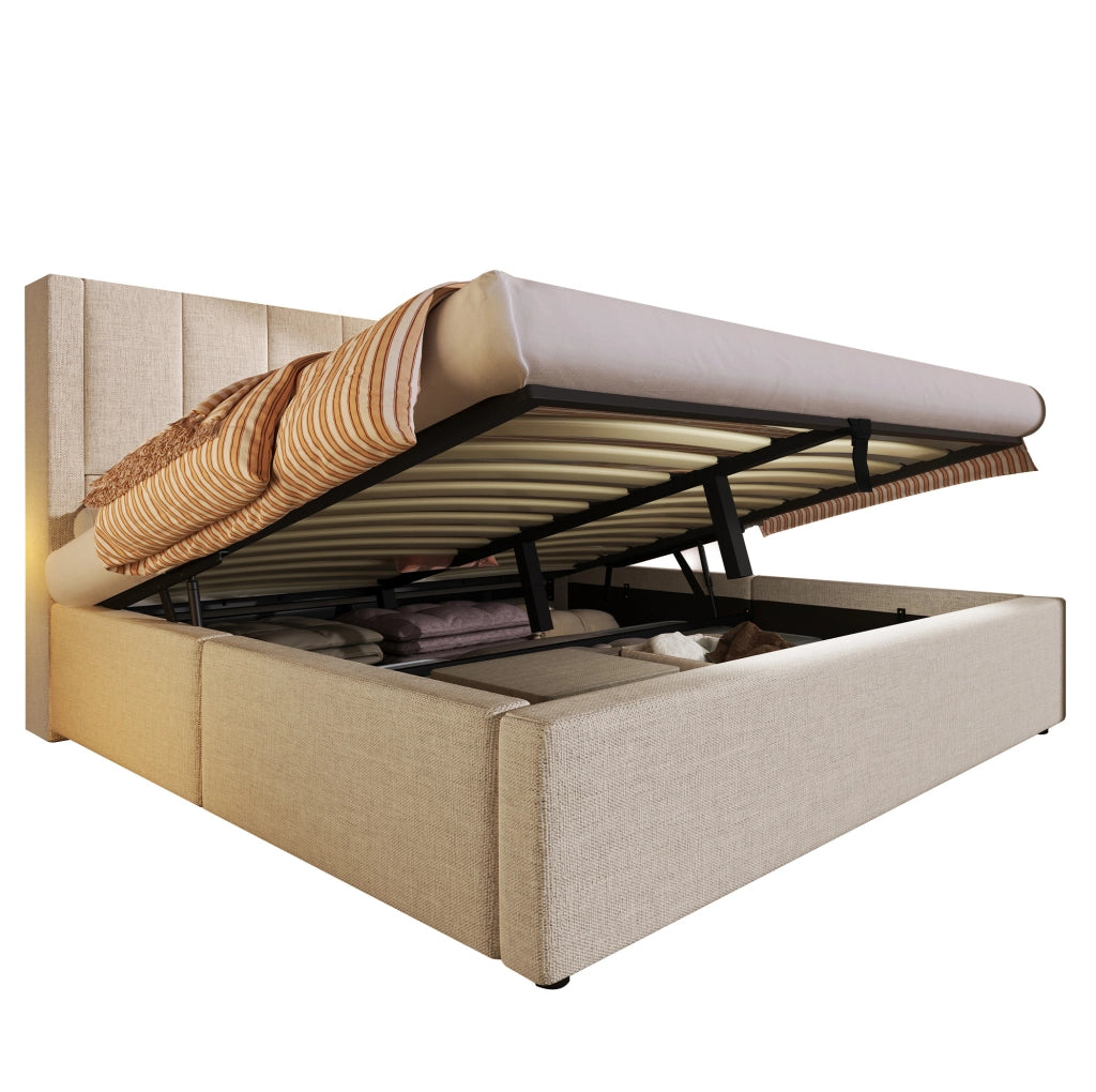 Letto imbottito 140x190 cm con contenitore, presa di ricarica e portabicchieri