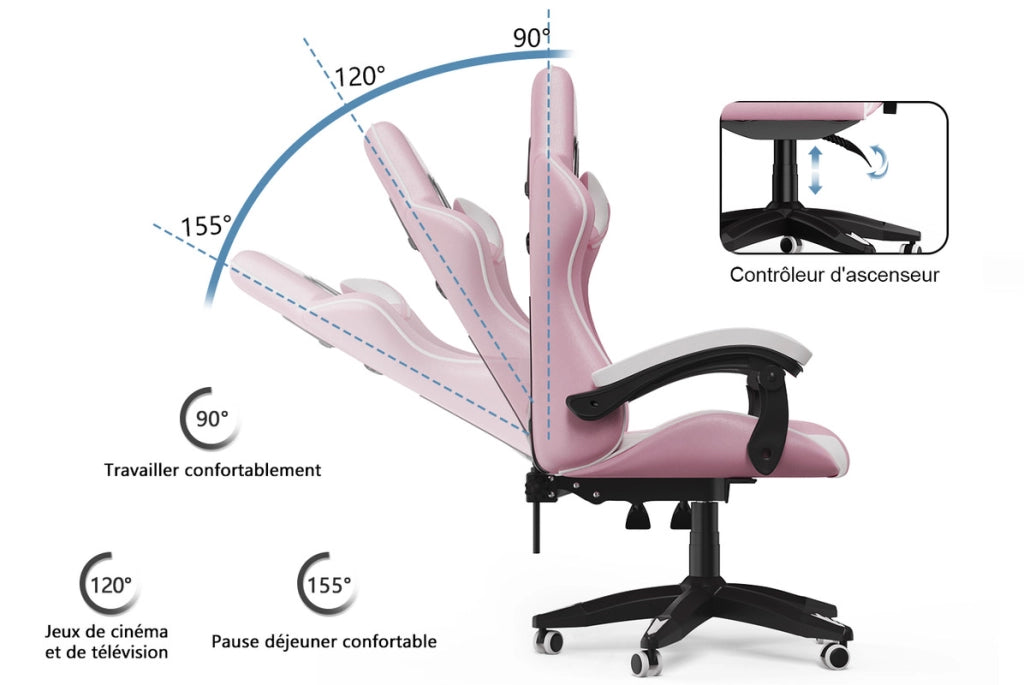 Sedia da gioco,  Sedia da gioco ergonomica, altezza regolabile, schienale reclinabile, con braccioli e poggiatesta, rosa e bianco
