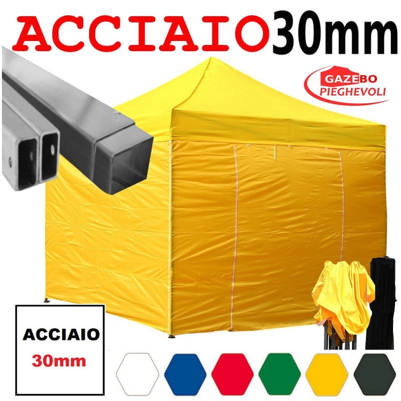 Gazebo 3x3 m giallo pieghevole portatile estendibile richiudibile estensibile acciaio con laterali per fiere eventi stand chiosco tenda tendone mercato mercatino