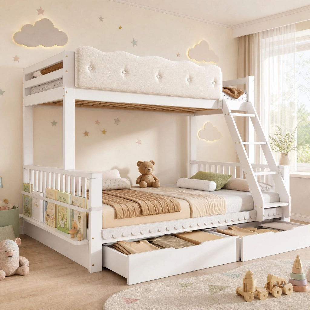 Letto a castello per bambini e adulti 90x200/140x200 cm in legno bianco con cassetti e portariviste