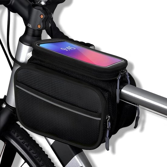 Borsa per bicicletta - Borsa per ruote - Doppia borsa per bicicletta - Display da 2.44 pollici - Borsa di stoccaggio grande - Manubrio - Protezione schermo TPU - Impermeabile - Bicicletta da corsa - Mountain bike - Nero
