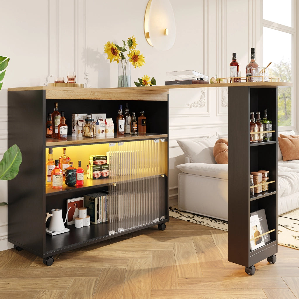 Tavolo bar 138-204x39x105 cm allungabile con contenitore e LED in MDF nero
