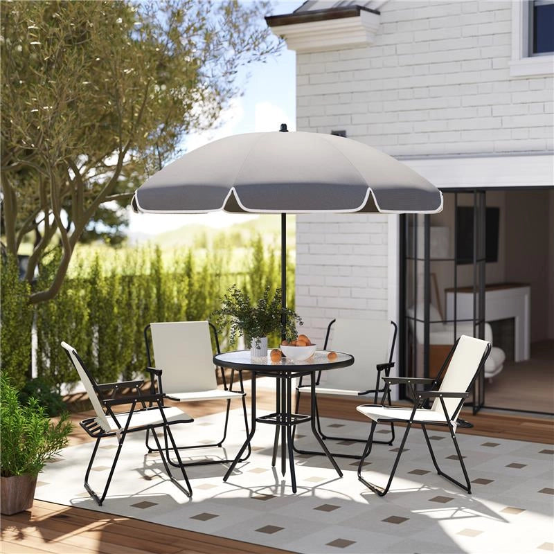 SET DA GIARDINO 6 PEZZI IN ACCIAIO CON 4 SEDIE PIEGHEVOLI OMBRELLONE E TAVOLO ROTONDO CREMA GRIGIO E NERO