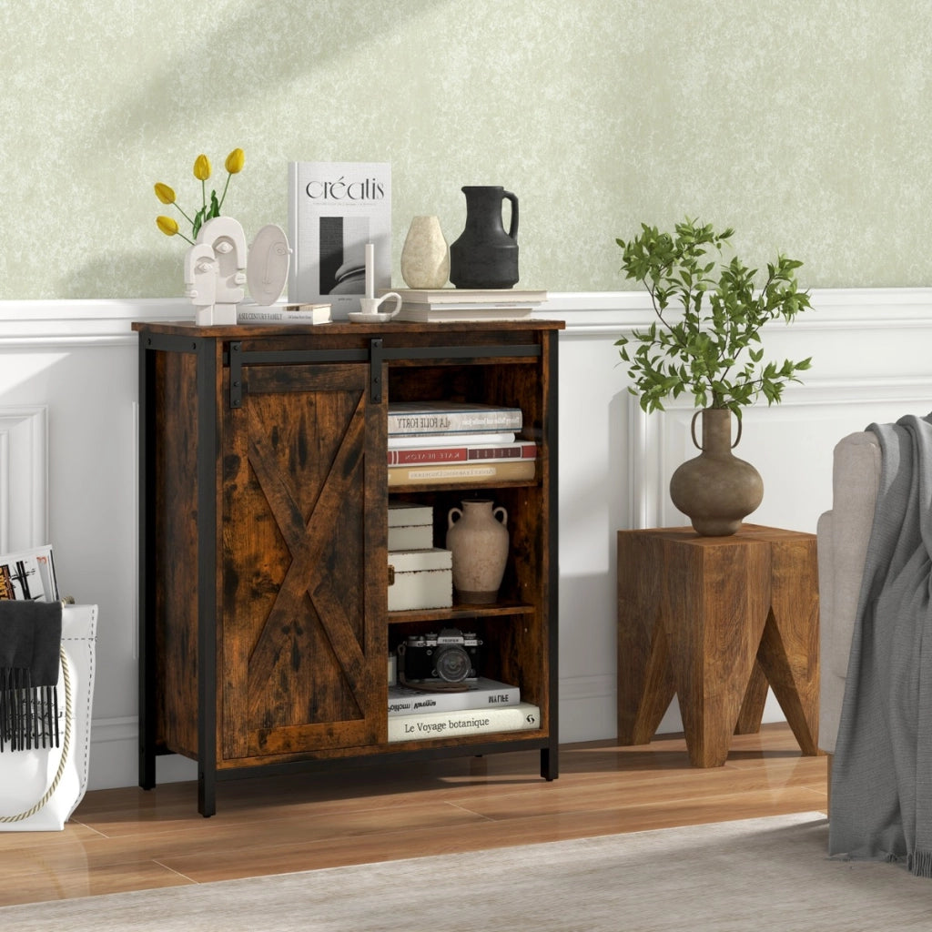 Mobile contenitore in stile rustico con anta scorrevole e ripiani regolabili-Credenza multiuso per cucina Marrone