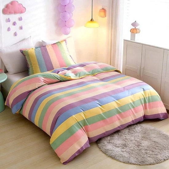Set di coperte per letto 135 x 200 cm, coperte per letto femminili, multicolore, coperte con strisce arcobaleno, coperta per letto con cuscino 80 x 80 cm, camera da letto, regali per bambini