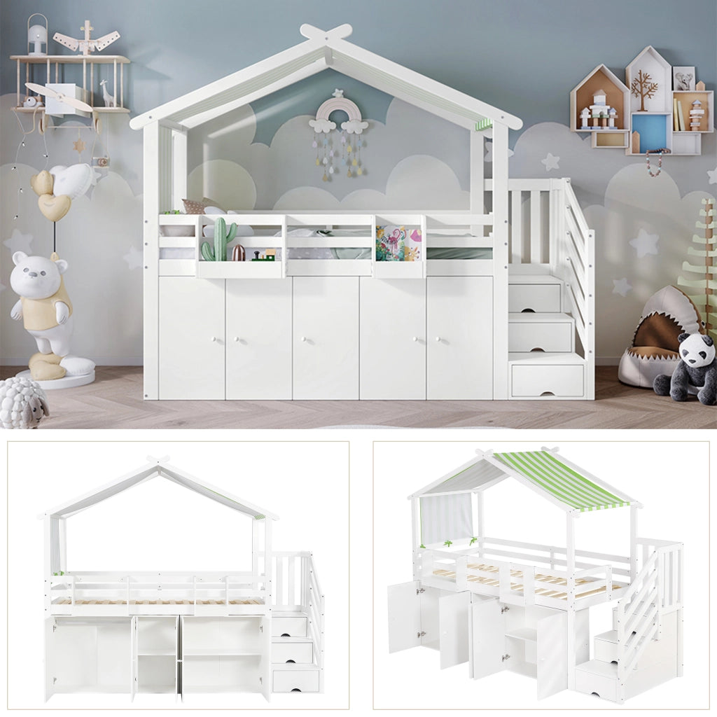 LETTO A CASTELLO 90x200 cm con scala contenitore, armadio, bianco e verde