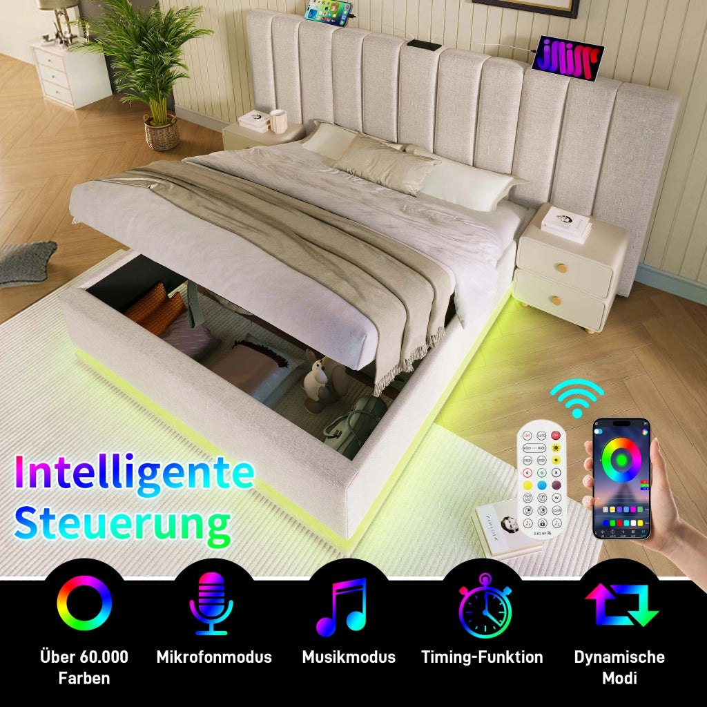 LETTO contenitore 180x200 cm beige in lino con LED e USB