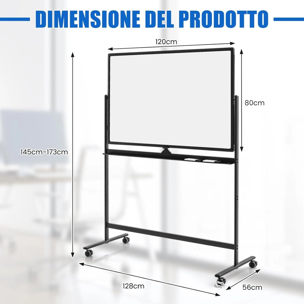 Lavagna Bianca Portatile con Ruote, Lavagna Bianca Regolabile in Altezza, Lavagna a Secco Reversibile per Scuola, Ufficio, Casa, 80 x 120 cm (Nero)