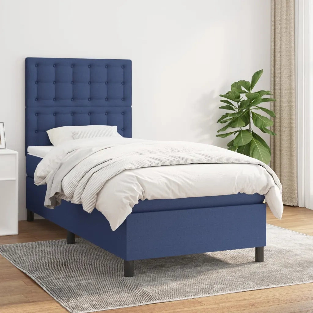 Letto singolo | Letto per adulti | Giroletto a Molle con Materasso Blu 90x190 cm in Tessuto