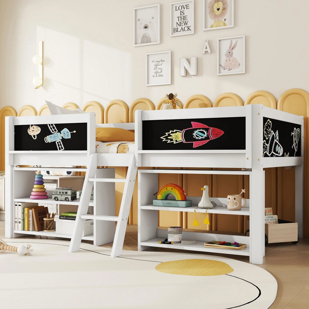 LETTO Semialto 90x200 cm Bianco con scala e vani contenitori