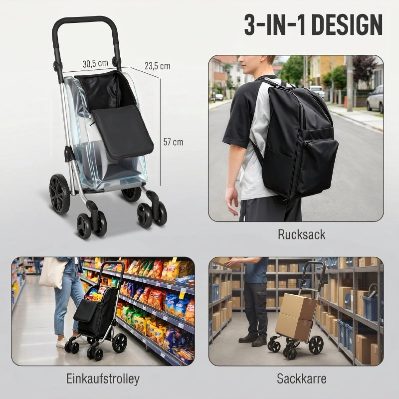Carrello della spesa, borsa da 46 litri, carrello pieghevole con borsa termica, maniglia regolabile, telaio in alluminio, nero
