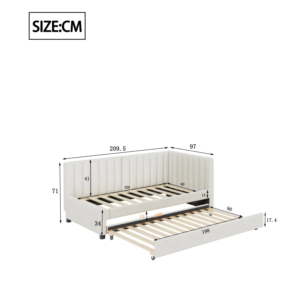 DESMIU Lit gigogne 90 × 200 cm 1 place con letto estraibile, senza materasso, in velluto beige