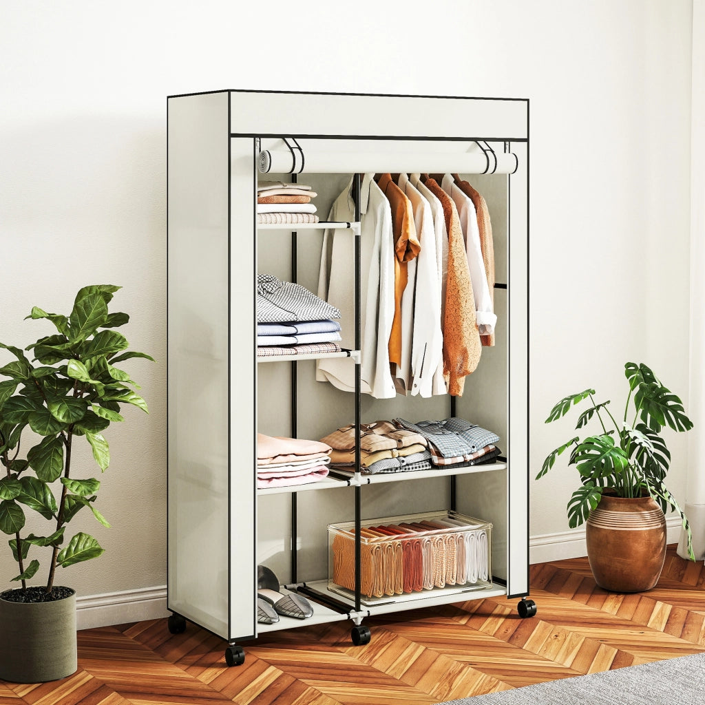 Armadio guardaroba in tessuto ¨C Xylo ¨C con ante, cassetti, ripiani e rotelle, 103x43x162,5cm crema