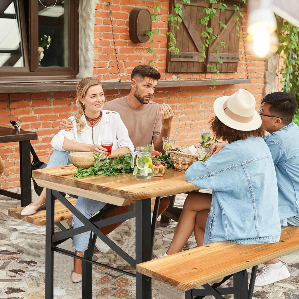 Tavolo e Panche da Esterno Pieghevoli in Legno, Tavolo da Esterno e Interno con 2 Panche con Robusta Struttura in Metallo, Ideale per Cortile, Patio e Giardino