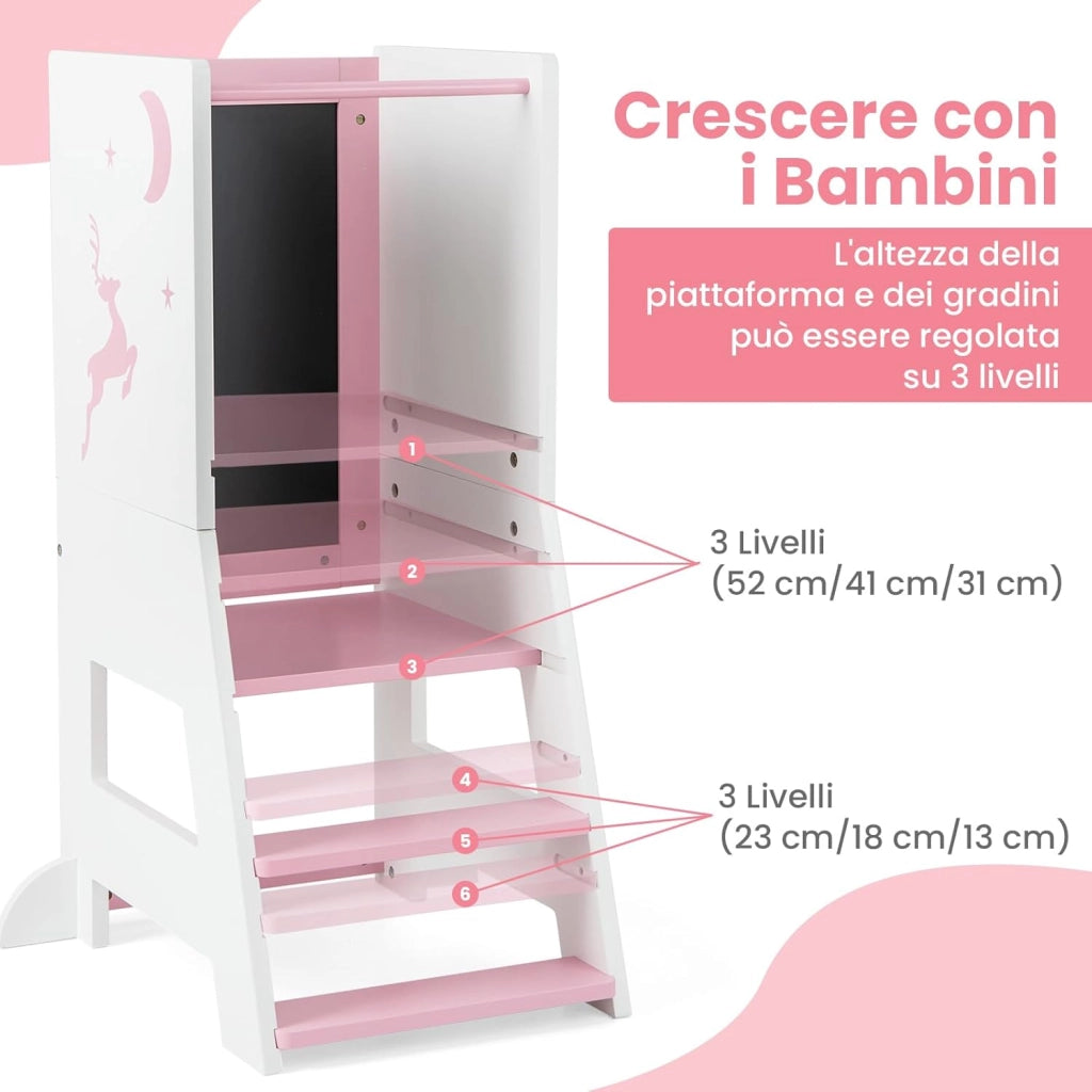 Torre per Bambini 2 in 1, Sgabello da Cucina per Bambini con Lavagna, Piattaforma e Gradino Regolabili, per Bambini da 1 a 7 Anni, Capacità di Carico 70 kg (Rosa)