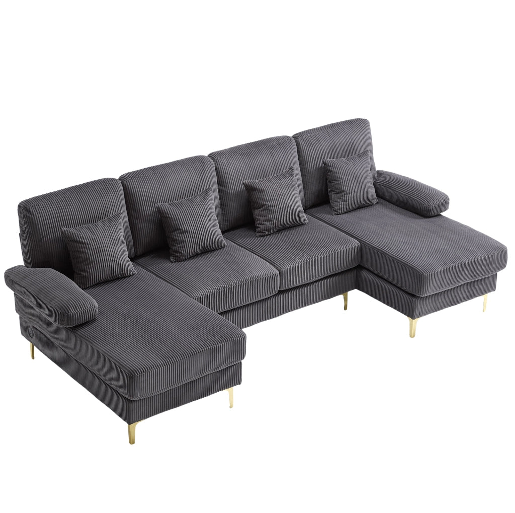 Divano U 265x135x88 cm con LED; USB e cuscini in velluto grigio