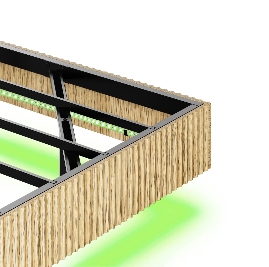Letto 210.5x144x99.7 cm con design sospeso; testiera con presa e LED RGB; metallo e pannello truciolare; naturale