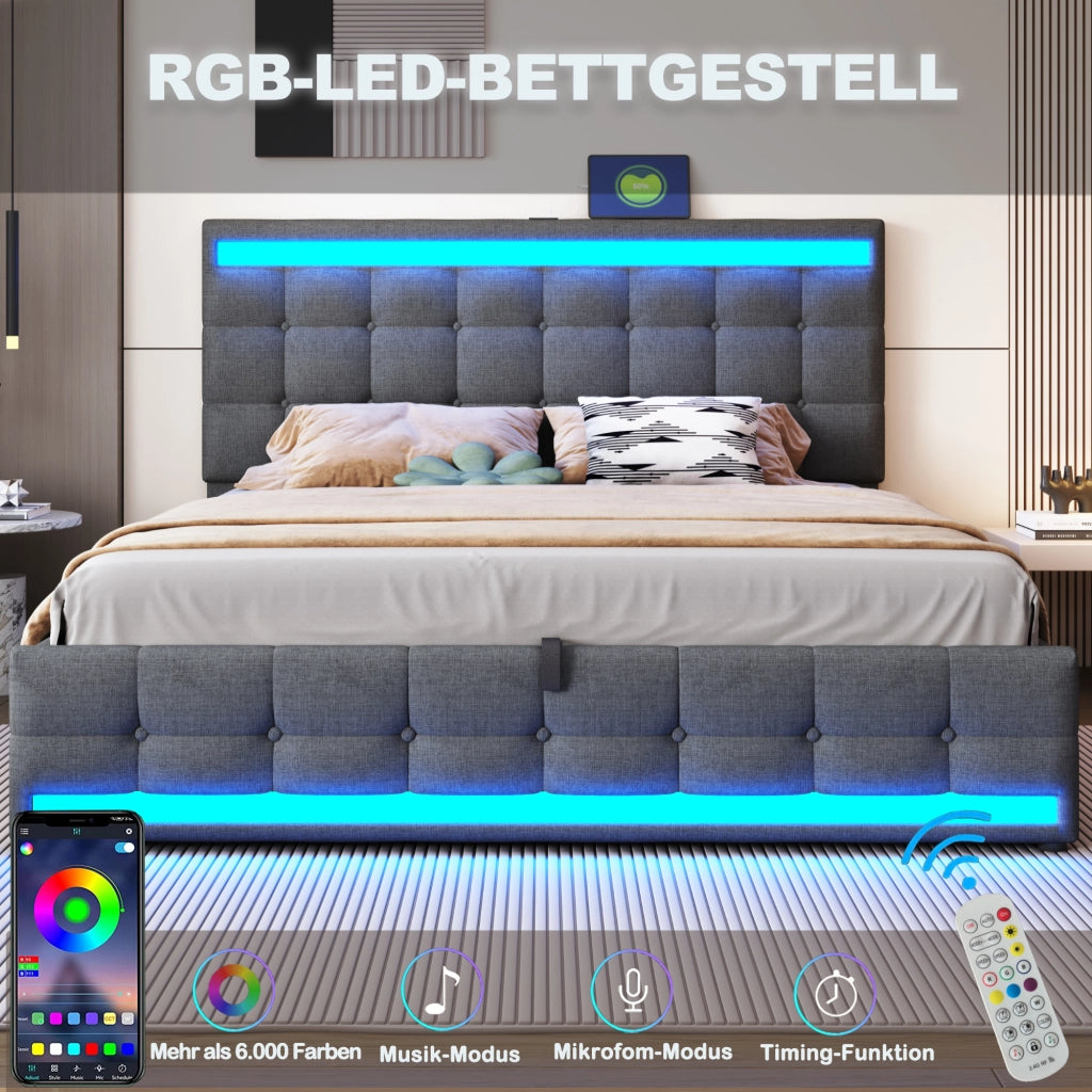 LETTO imbottito 180x200 cm grigio con LED RGB e porte USB