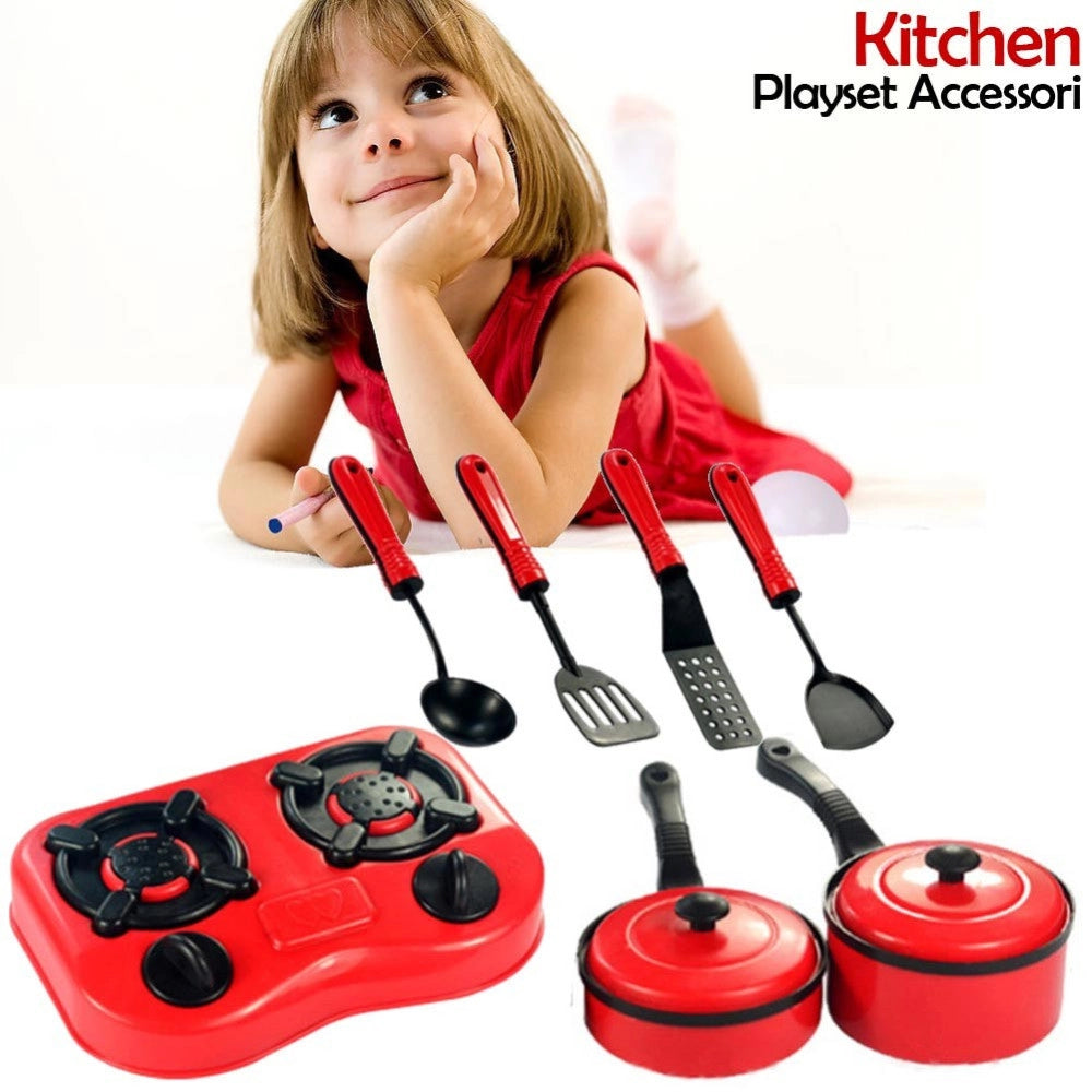Trade Shop - Set Cucina Per Bambine 7pz Con Piano Cottura Stoviglie Pentole E Accessori Gioco -