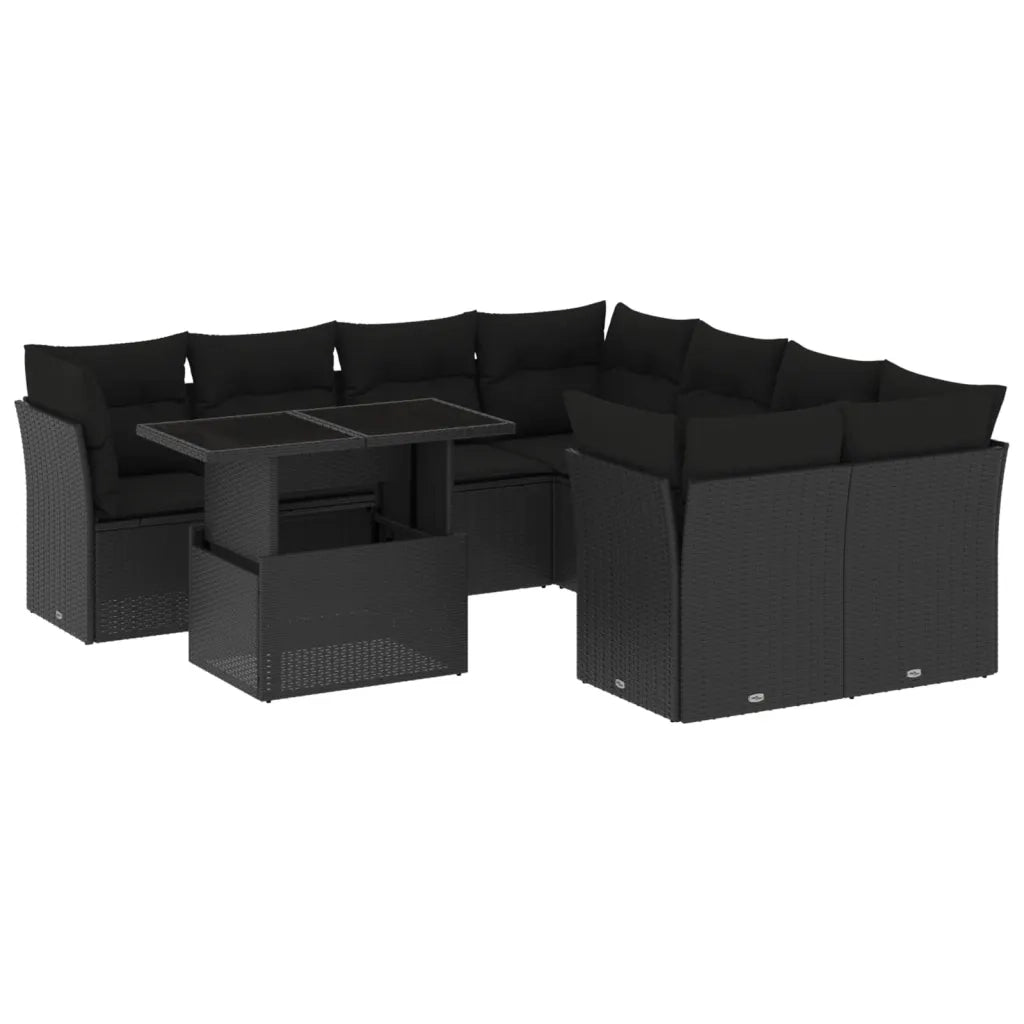 Set Divani da Giardino 9 pz con Cuscini Nero in Polyrattan